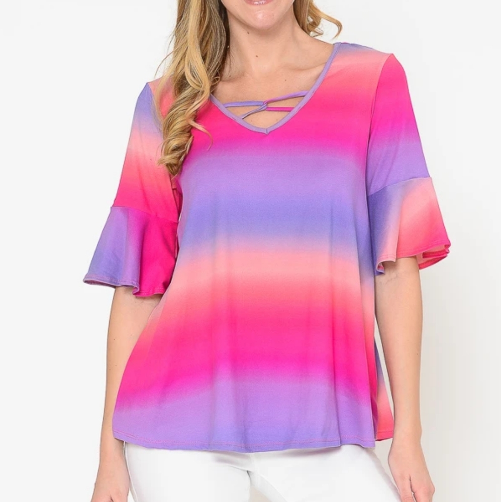 Sunset Stripe Ombre Top Strappy Detail Bell Sleeve